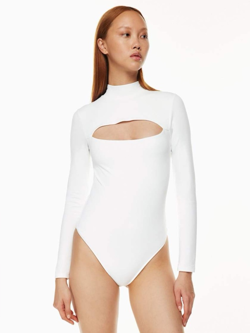 Aritzia Babaton Varo Contour Bodysuit - White Mockneck Cutout Long Sleeve Top